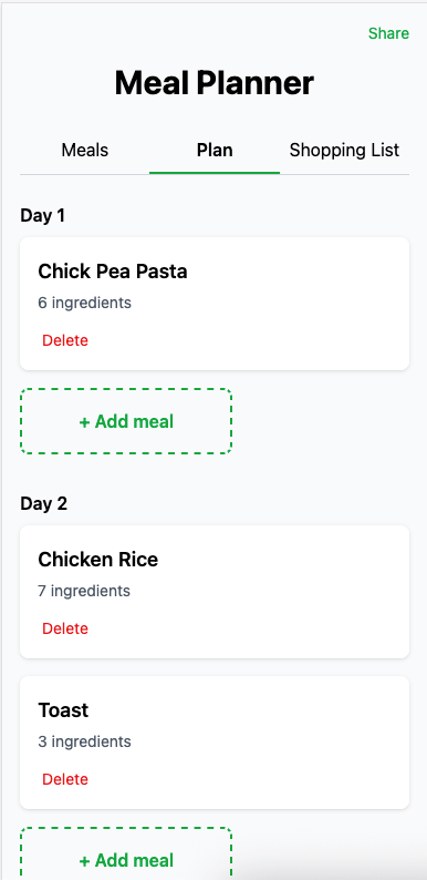 Meal Planner - Plan tab