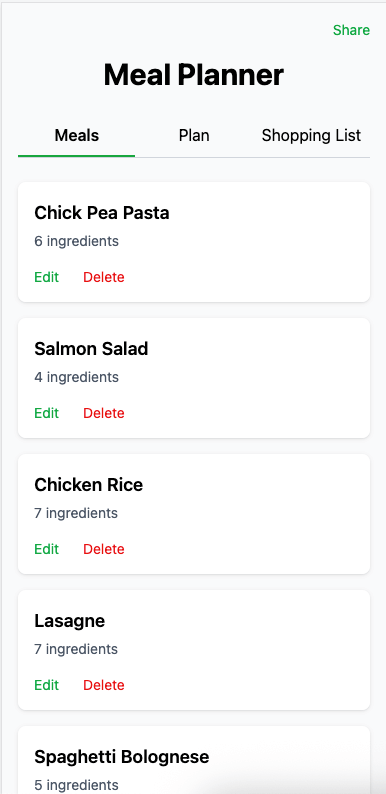 Meal Planner - Meals tab